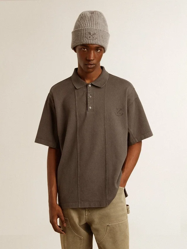 Camicie da uomo in cotone grigio antracite con ricamo