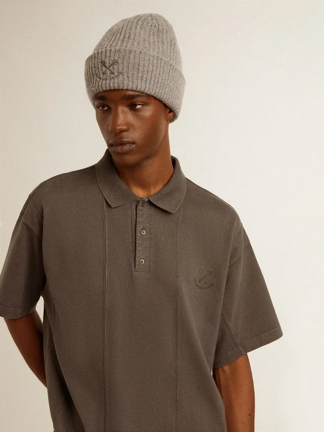 Camicie da uomo in cotone grigio antracite con ricamo