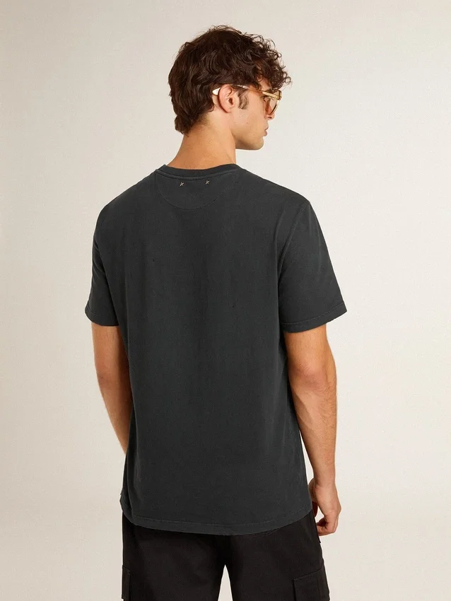 Camicie da uomo in cotone nero effetto consumato con stampa sul davanti
