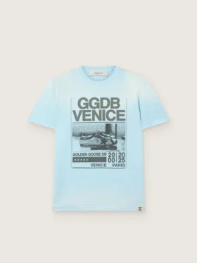 Camicie da uomo in jersey di cotone azzurro con stampa grafica