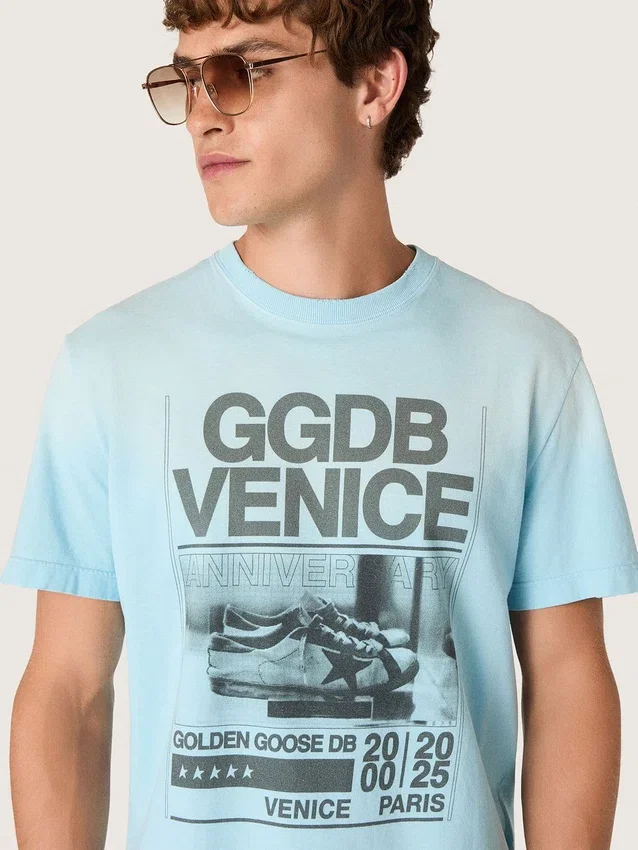 Camicie da uomo in jersey di cotone azzurro con stampa grafica