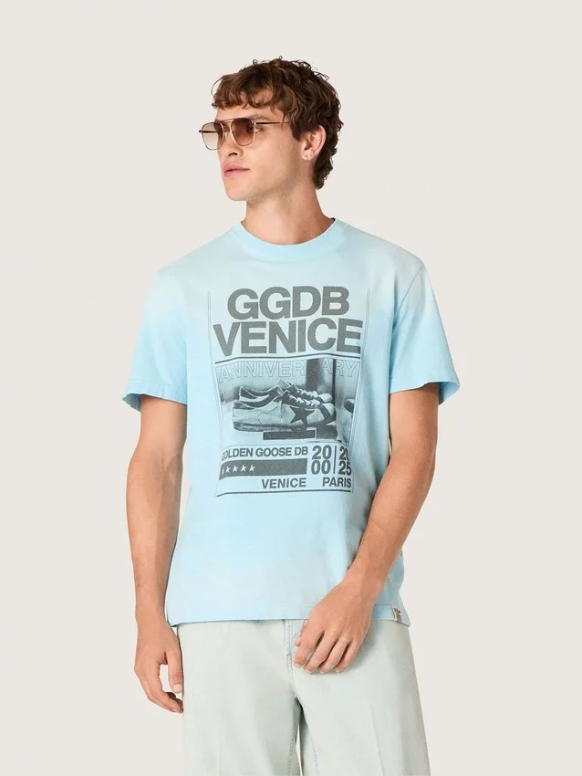 Camicie da uomo in jersey di cotone azzurro con stampa grafica