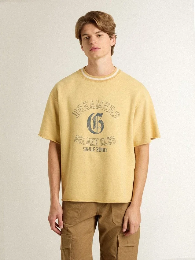 Camicie da uomo oversize in cotone giallo con stampa blu