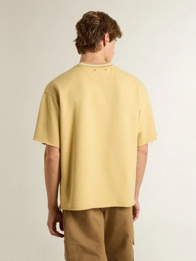 Camicie da uomo oversize in cotone giallo con stampa blu
