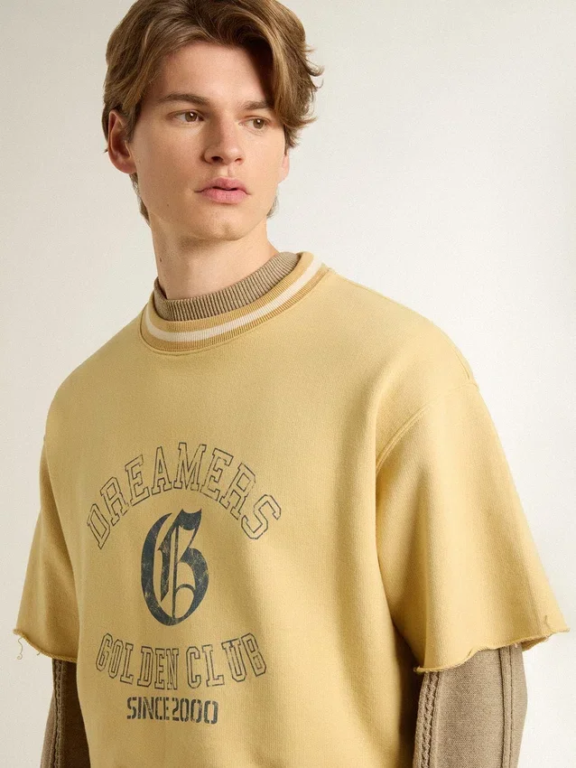 Camicie da uomo oversize in cotone giallo con stampa blu