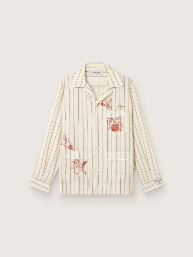 Camicie unisex in cotone e lino a righe color ecru e sabbia con ricami