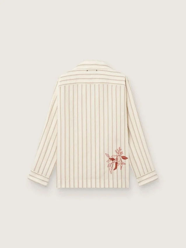 Camicie unisex in cotone e lino a righe color ecru e sabbia con ricami