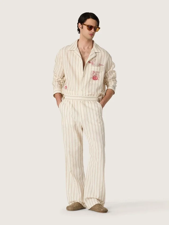 Pantaloni della tuta unisex in cotone e lino a righe color ecru e sabbia