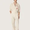 Pantaloni della tuta unisex in cotone e lino a righe color ecru e sabbia