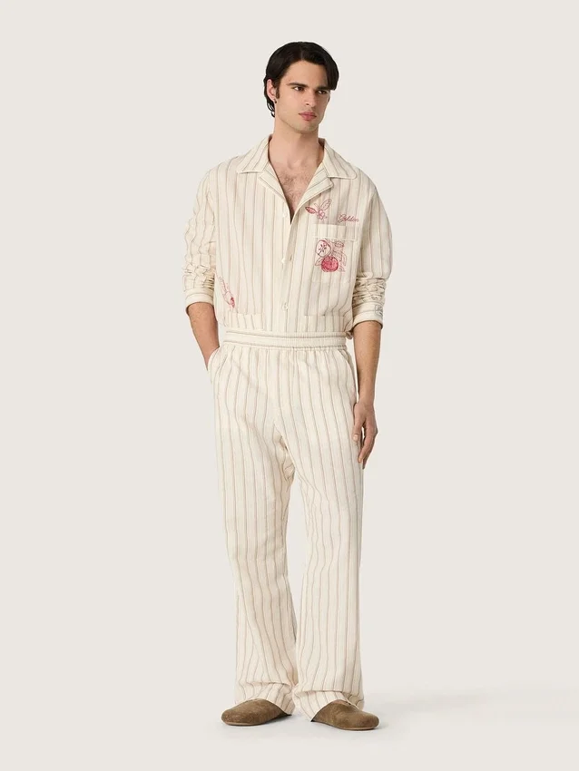 Pantaloni della tuta unisex in cotone e lino a righe color ecru e sabbia