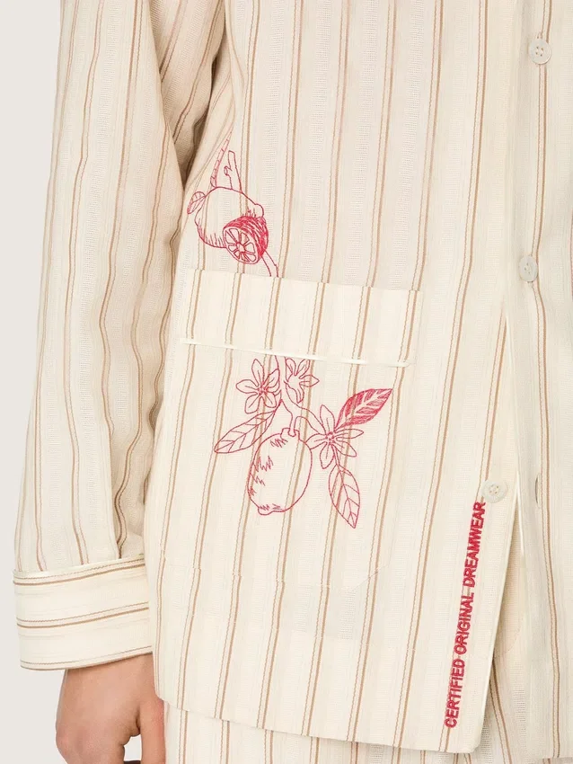 Camicie unisex in cotone e lino a righe color ecru e sabbia con ricami