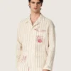 Camicie unisex in cotone e lino a righe color ecru e sabbia con ricami