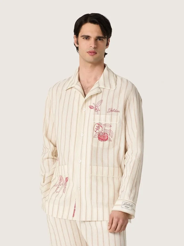 Camicie unisex in cotone e lino a righe color ecru e sabbia con ricami