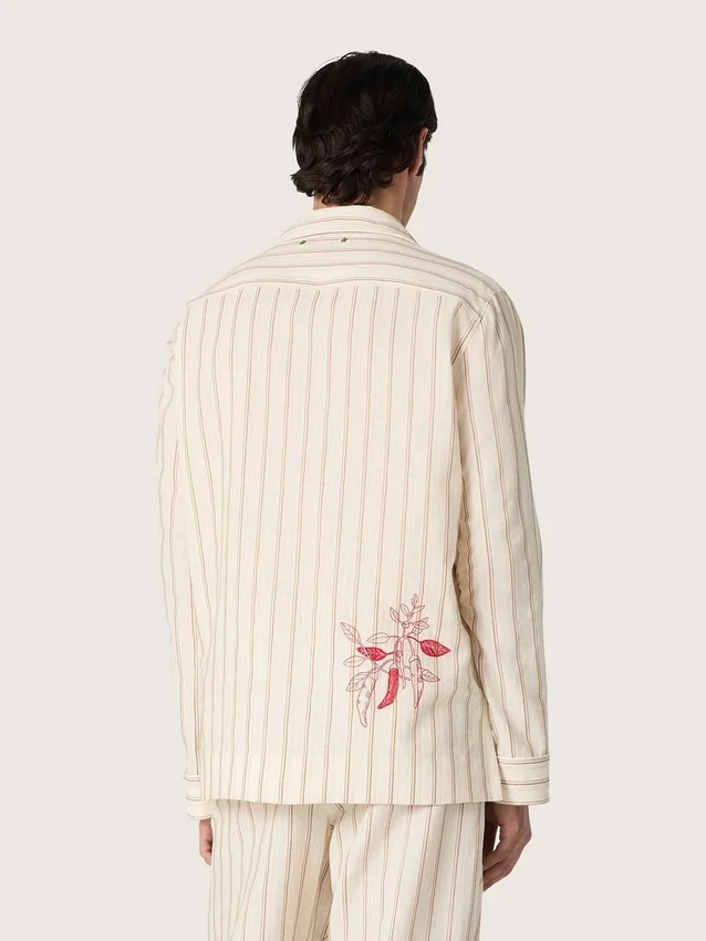 Camicie unisex in cotone e lino a righe color ecru e sabbia con ricami