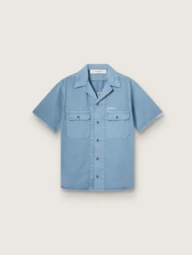 Camicie unisex in denim azzurro con ricamo sul retro
