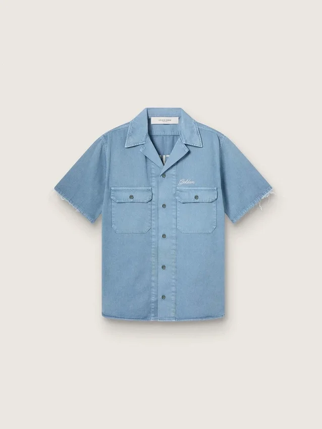 Camicie unisex in denim azzurro con ricamo sul retro