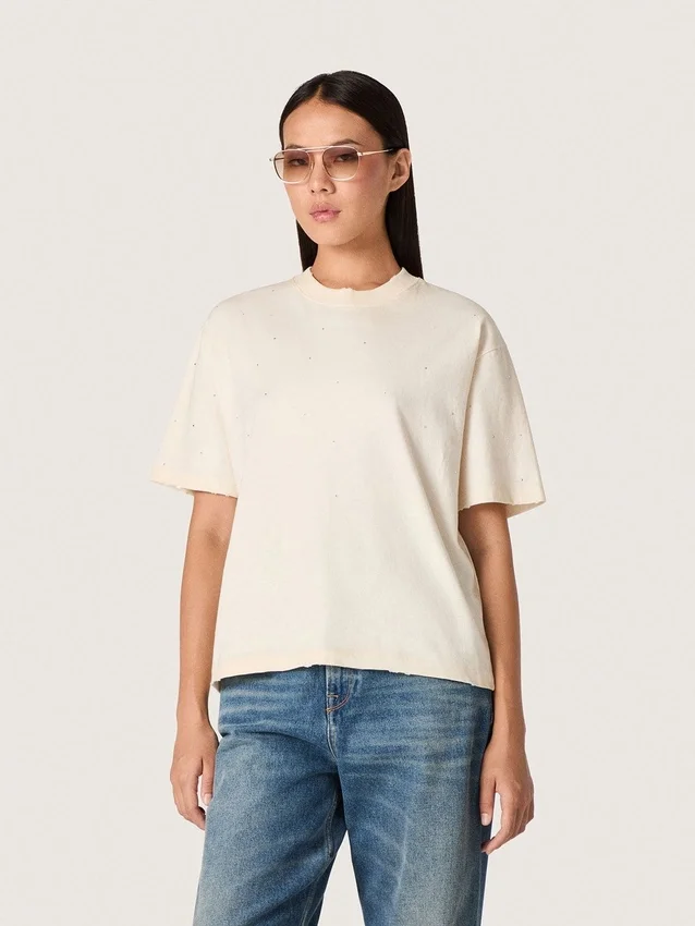 Camicie unisex “Star” in cotone bianco con cristalli sfumati su tutta la superficie e stampa sul retro