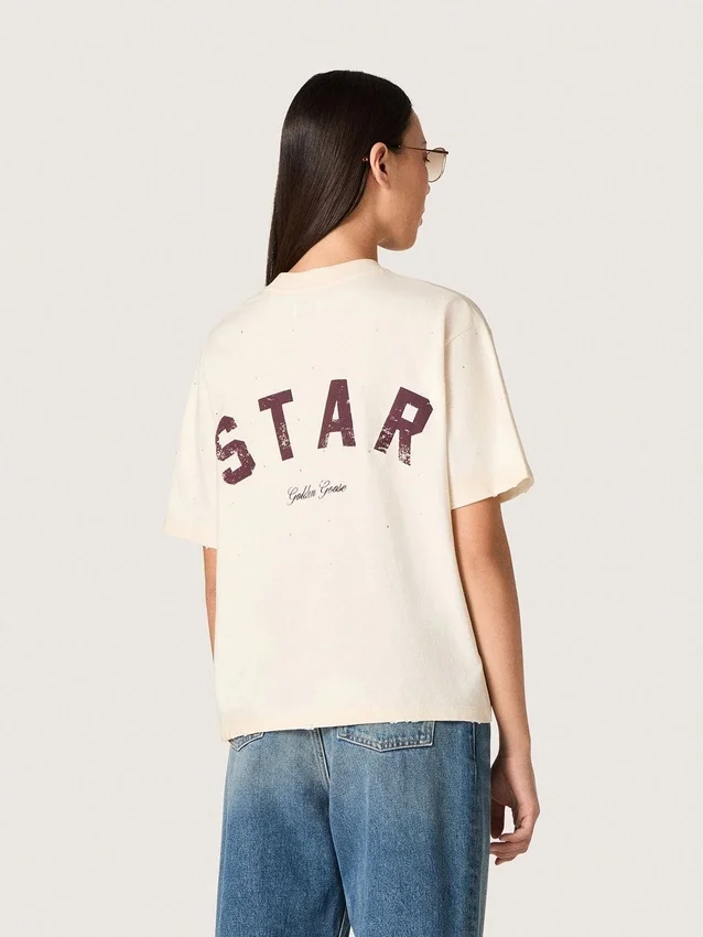 Camicie unisex “Star” in cotone bianco con cristalli sfumati su tutta la superficie e stampa sul retro