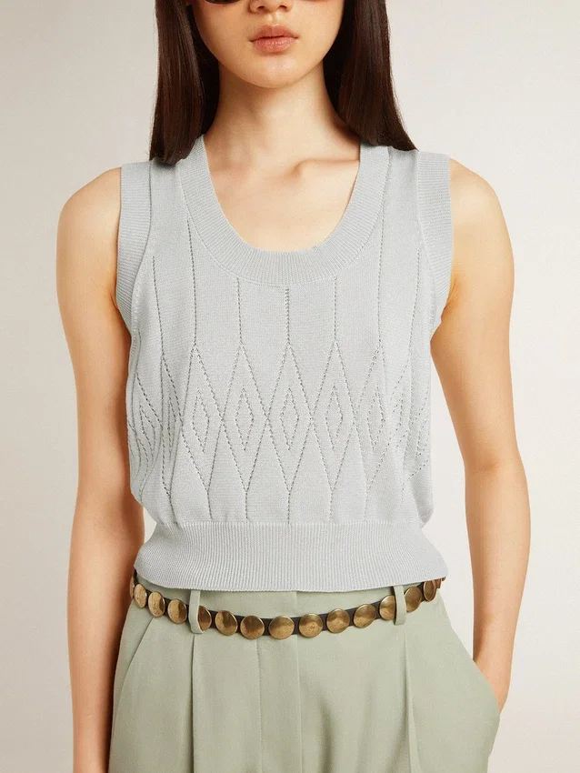 Canotta da donna senza maniche in maglia azzurro chiaro