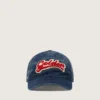 Cappellino da baseball blu denim con toppa “Golden” in spugna rossa e bianca