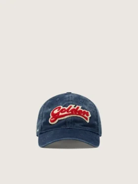Cappellino da baseball blu denim con toppa “Golden” in spugna rossa e bianca
