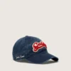 Cappellino da baseball blu denim con toppa “Golden” in spugna rossa e bianca