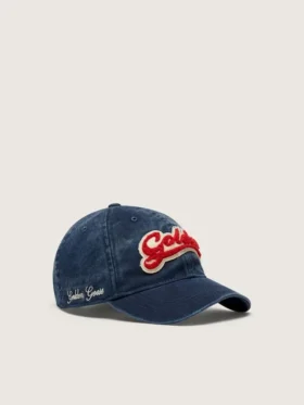Cappellino da baseball blu denim con toppa “Golden” in spugna rossa e bianca