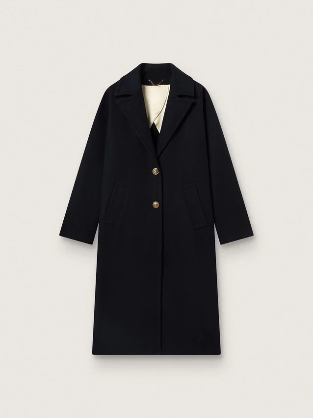 Cappotto da donna a gabbia monopetto in lana blu scuro con bottoni dorati