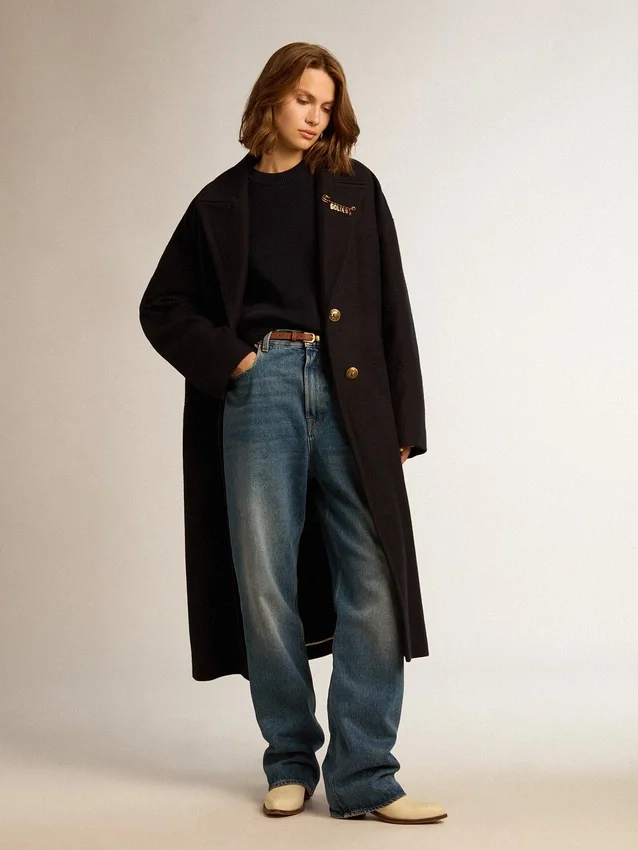 Cappotto da donna a gabbia monopetto in lana blu scuro con bottoni dorati