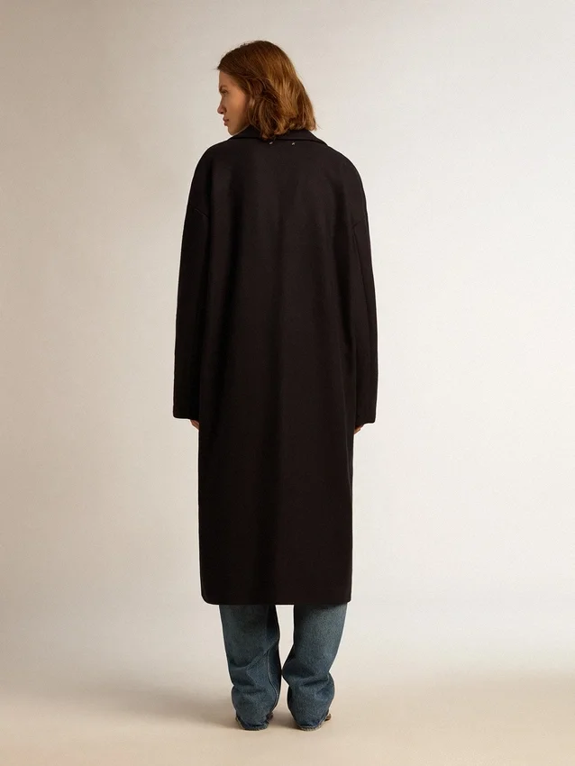 Cappotto da donna a gabbia monopetto in lana blu scuro con bottoni dorati