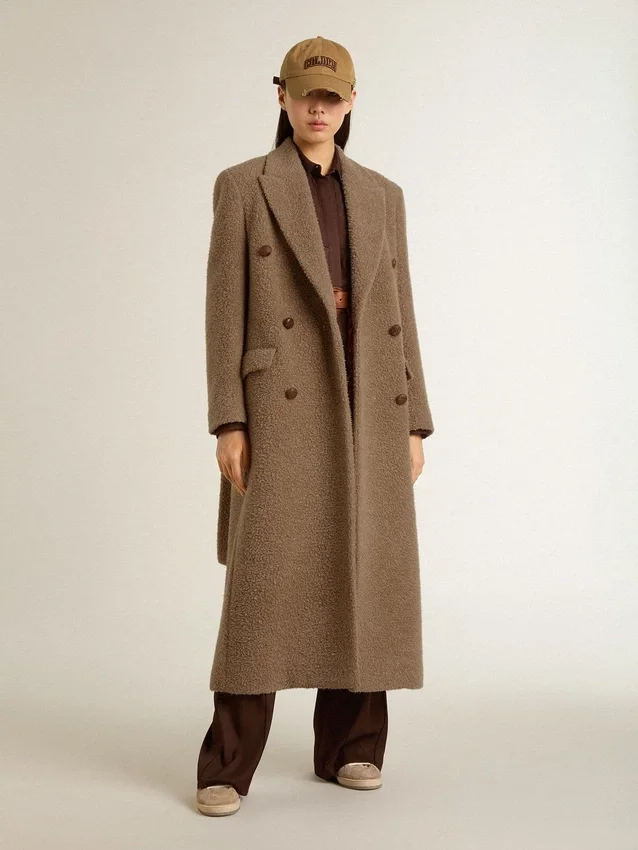 Cappotto da donna doppiopetto in misto lana beige