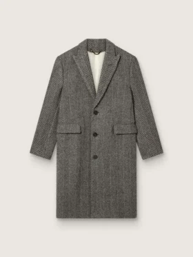 Cappotto da uomo monopetto in lana con trama a spina di pesce beige e grigia