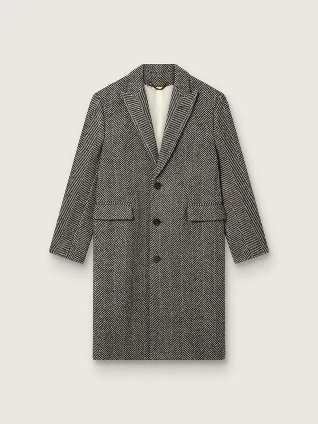 Cappotto da uomo monopetto in lana con trama a spina di pesce beige e grigia