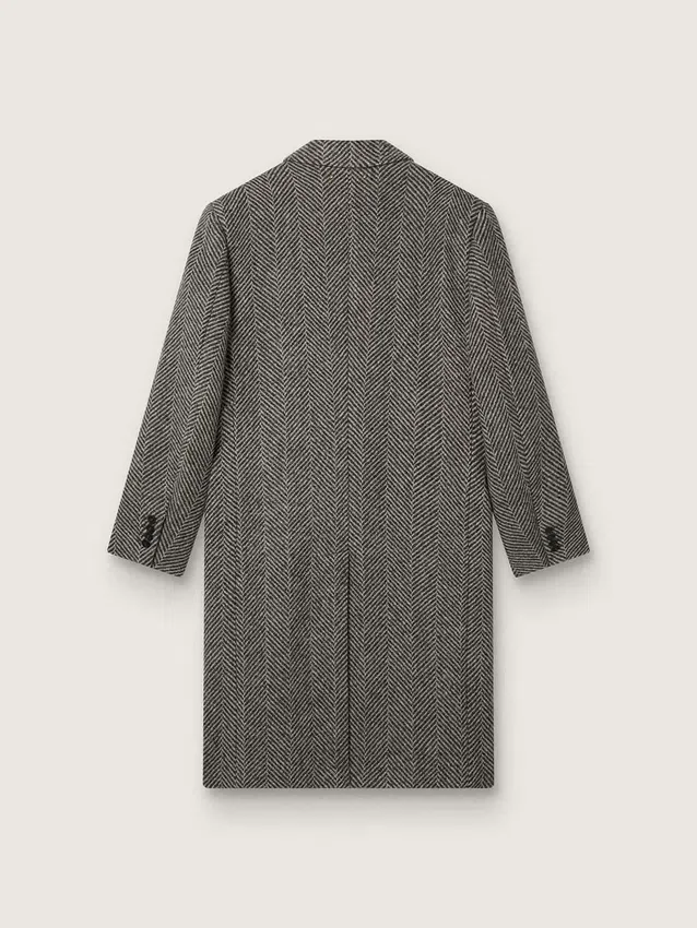 Cappotto da uomo monopetto in lana con trama a spina di pesce beige e grigia