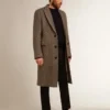 Cappotto da uomo monopetto in lana con trama a spina di pesce beige e grigia