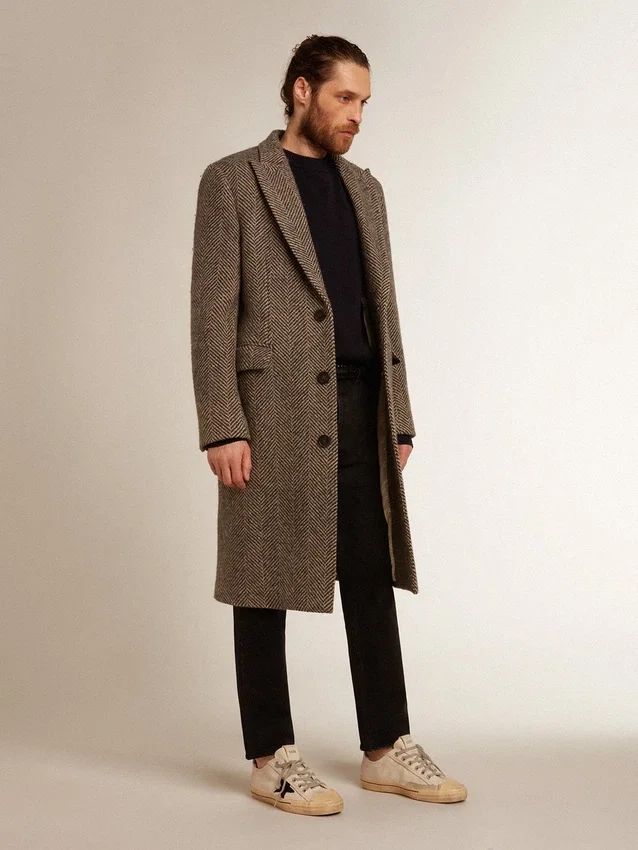Cappotto da uomo monopetto in lana con trama a spina di pesce beige e grigia