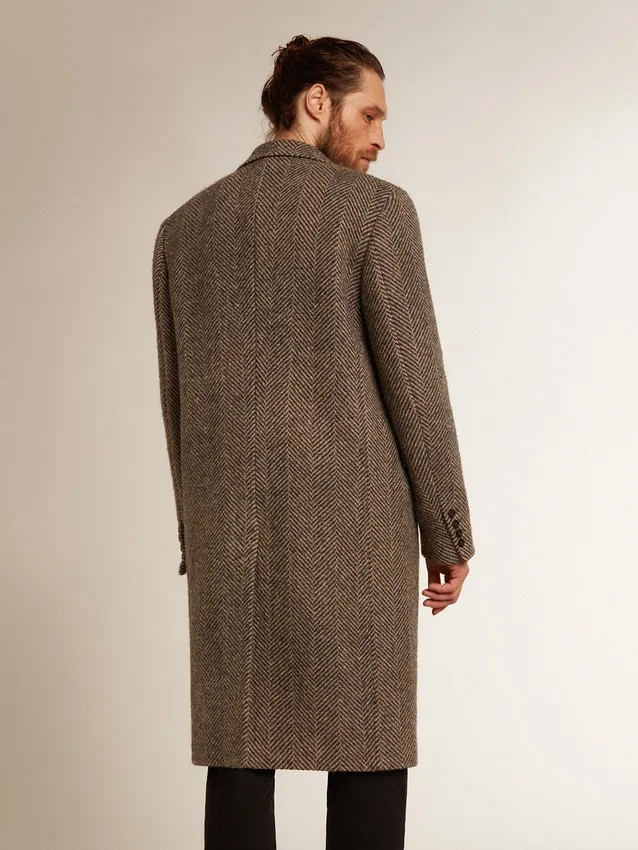 Cappotto da uomo monopetto in lana con trama a spina di pesce beige e grigia