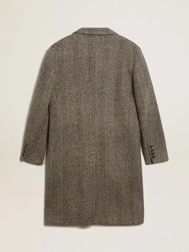 Cappotto da uomo monopetto in lana con trama a spina di pesce beige e grigia