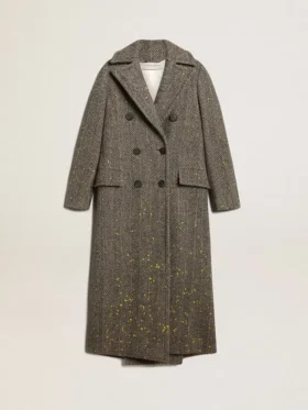 Cappotto lungo da donna a spina di pesce con dettagli gialli