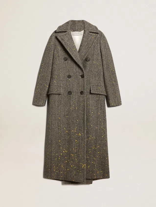 Cappotto lungo da donna a spina di pesce con dettagli gialli