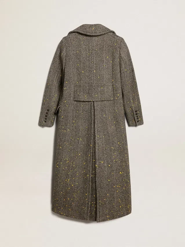 Cappotto lungo da donna a spina di pesce con dettagli gialli