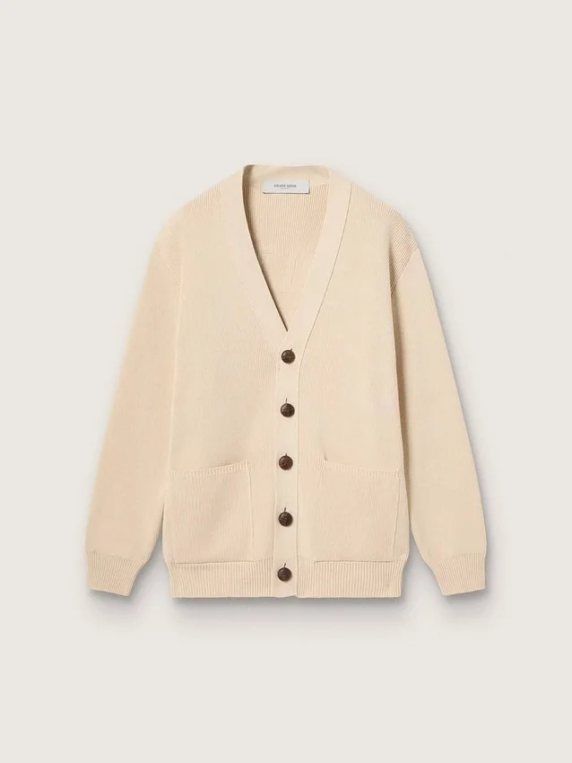 Cardigan da donna beige con scritta “Golden” sul retro