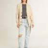 Cardigan da donna beige con scritta “Golden” sul retro