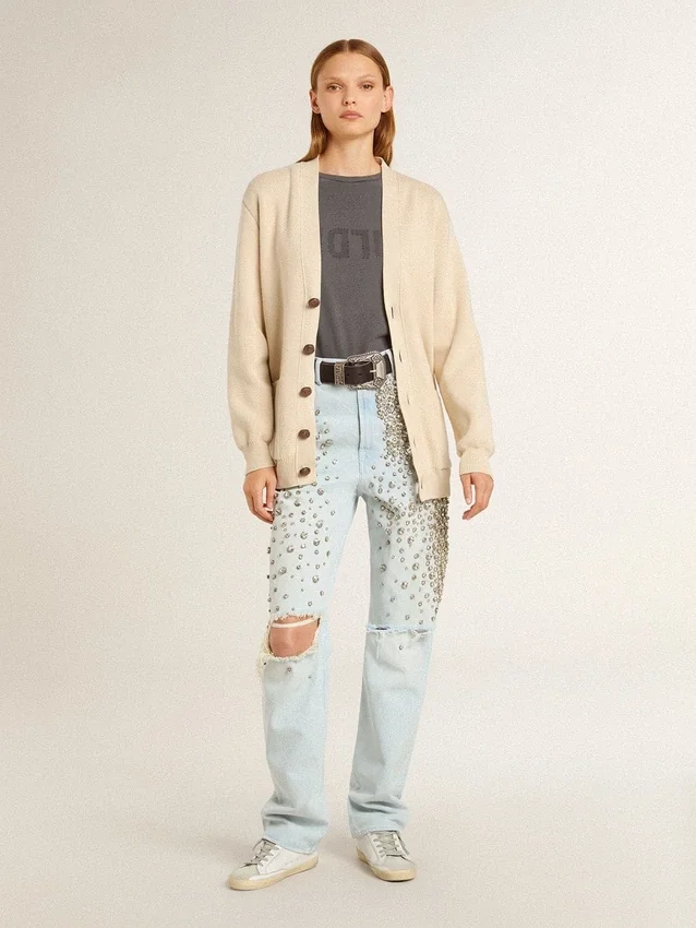 Cardigan da donna beige con scritta “Golden” sul retro