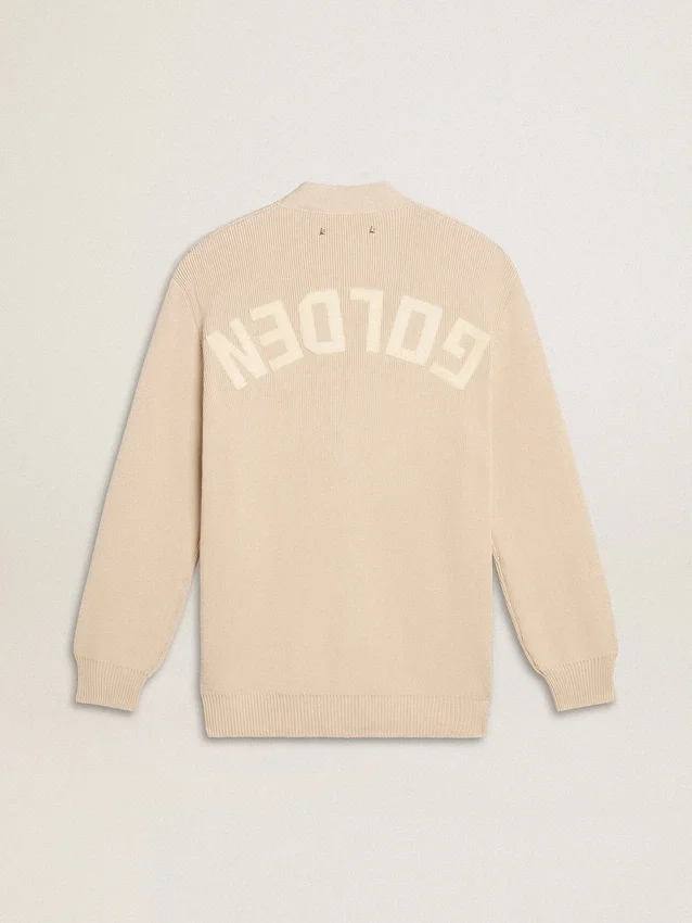 Cardigan da donna beige con scritta “Golden” sul retro