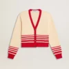 Cardigan da donna color crema con strisce rosse