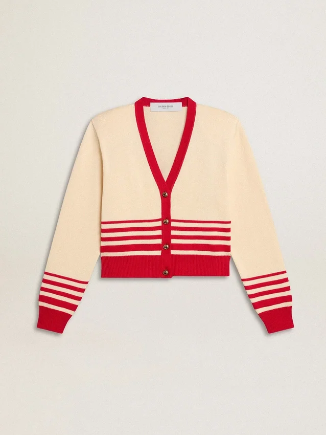 Cardigan da donna color crema con strisce rosse