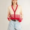 Cardigan da donna color crema con strisce rosse