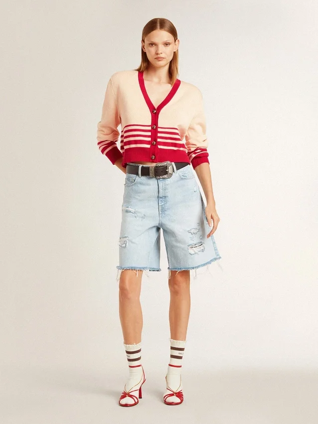 Cardigan da donna color crema con strisce rosse