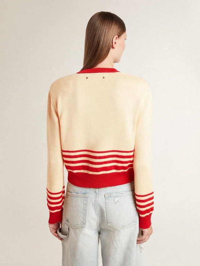 Cardigan da donna color crema con strisce rosse